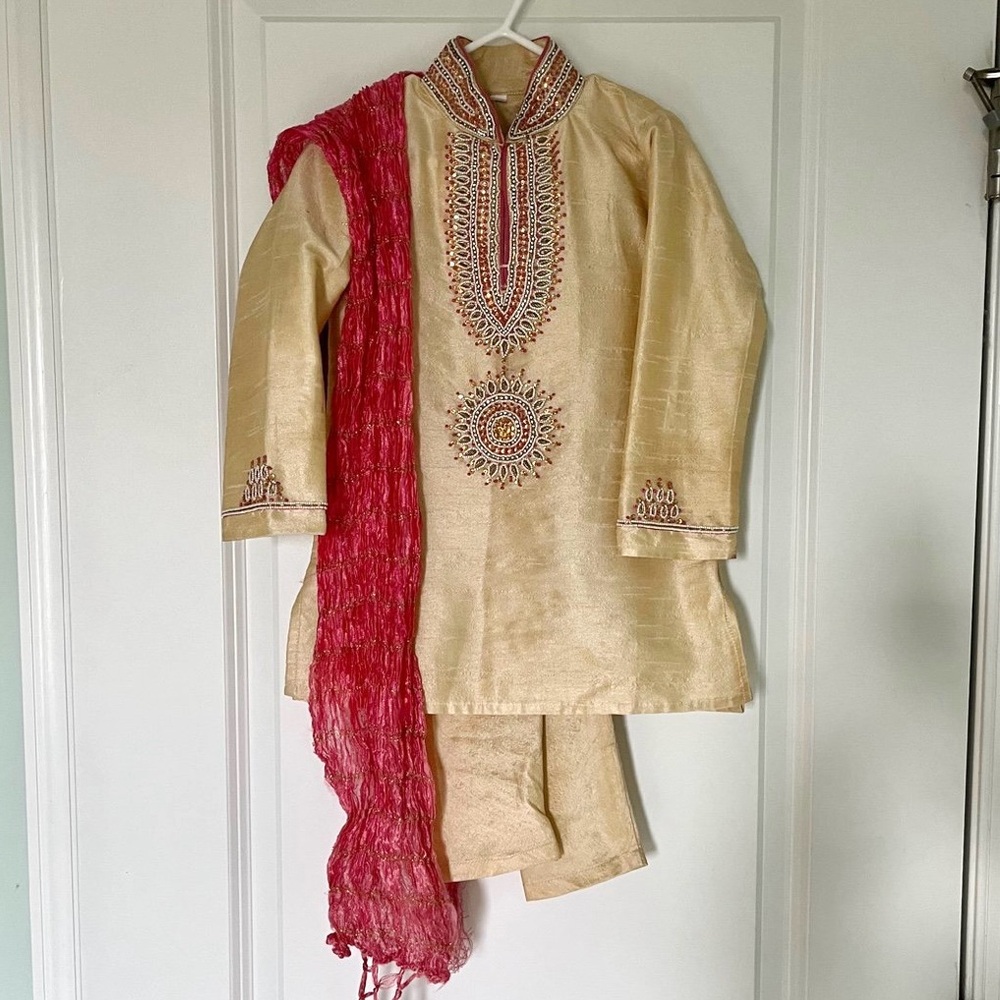 Boys Kurta Pajama Set 2T 3T Indian Wedding Eid Diwali Outfit Gold Beaded